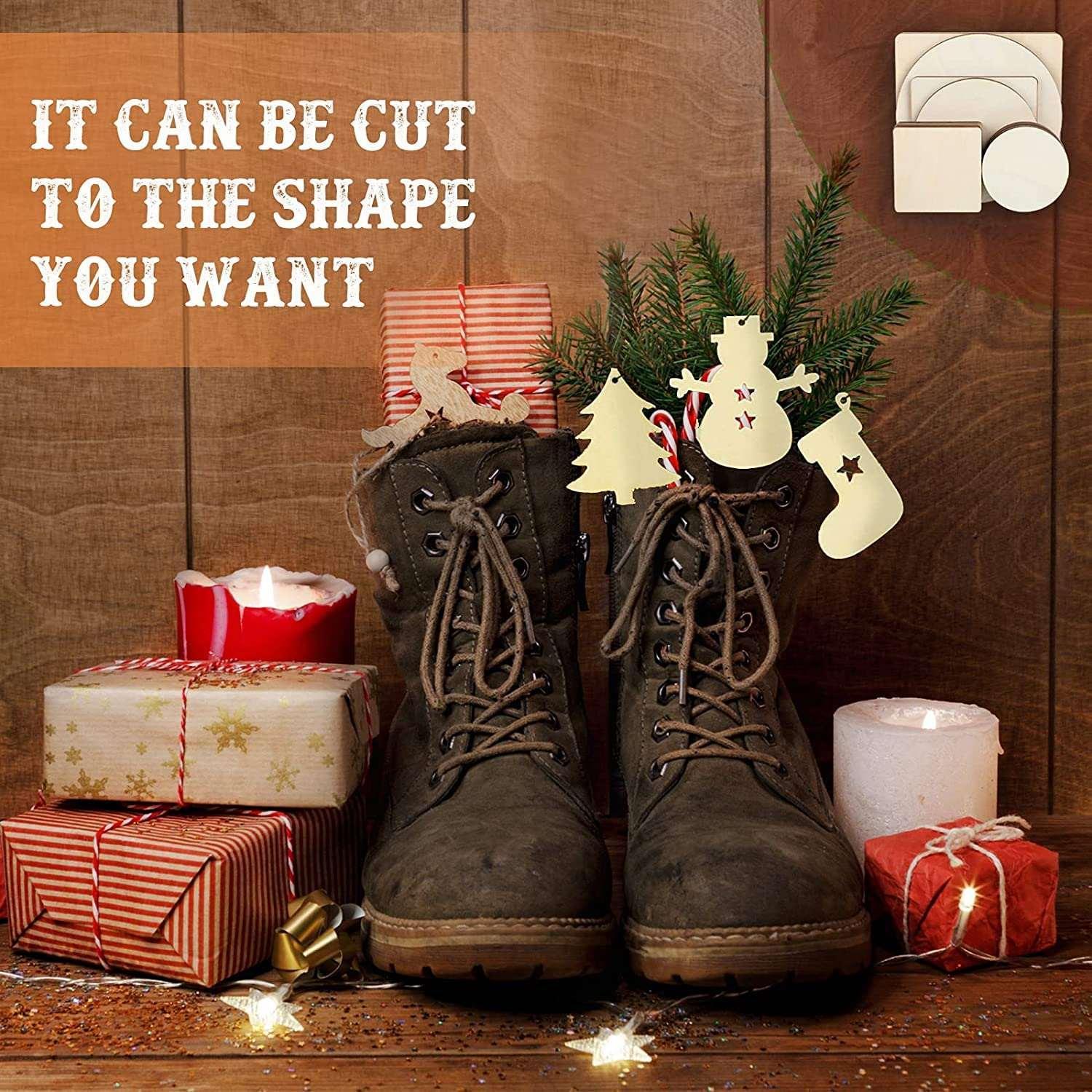 Haoser 18 Pieces Unfinished Blank Wood Pieces Wooden Squares for Crafts Natural Wooden Cutouts Tiles Round Wood Circles